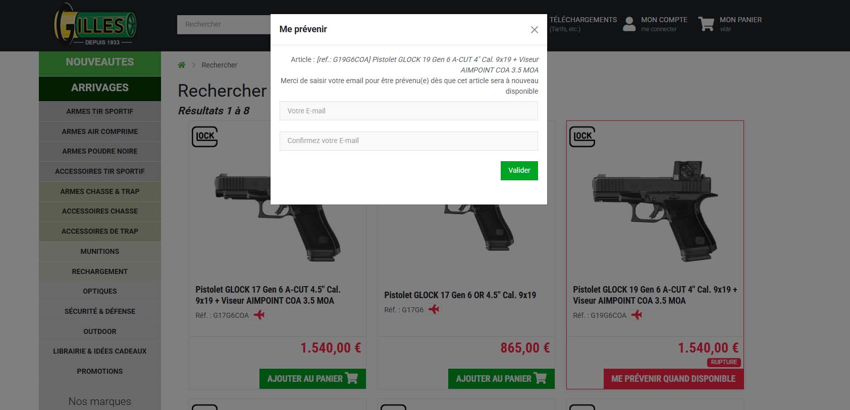 Fonction Me prévenir quand disponible pour un Glock Gen 6 en rupture de stock chez Armurerie Gilles